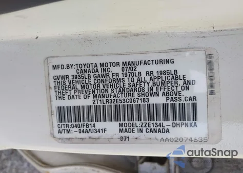 2003 Toyota Matrix Xr из США, поврежденный, VIN 2T1LR32E53C067183